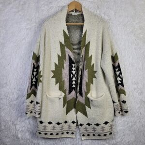 Med Unicorn Tribe Cream Green Oversized Open Duster Cardigan Southwestern Aztec